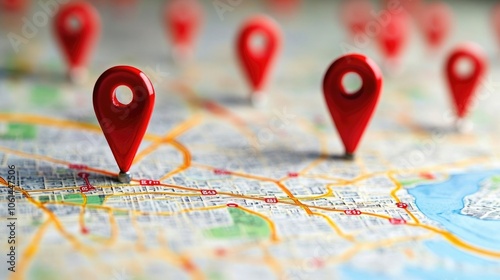 Red map pins mark multiple locations on a detailed city map.