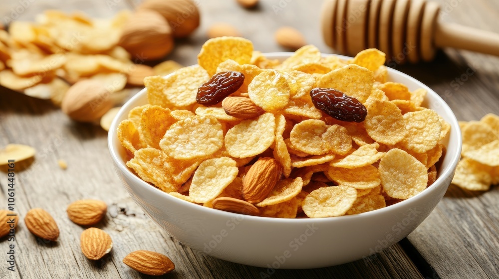 Bowl of honey cornflakes with almonds, raisins, and honey drizzle, served with natural decor on a rustic wooden background Bowl of honey cornflakes with almonds, raisins, and honey drizzle, served with natural decor on a rustic wooden background