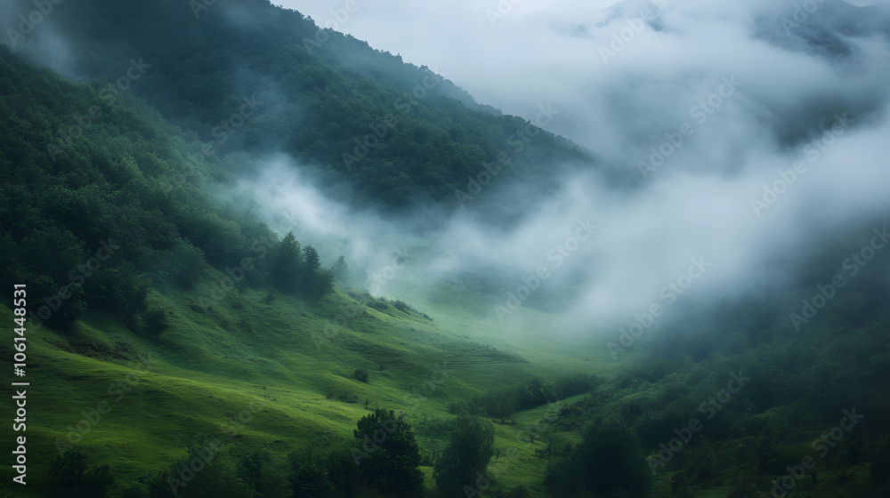 A hidden valley wrapped in fog, holding untold mysteries. A hidden valley wrapped in fog, holding untold mysteries.