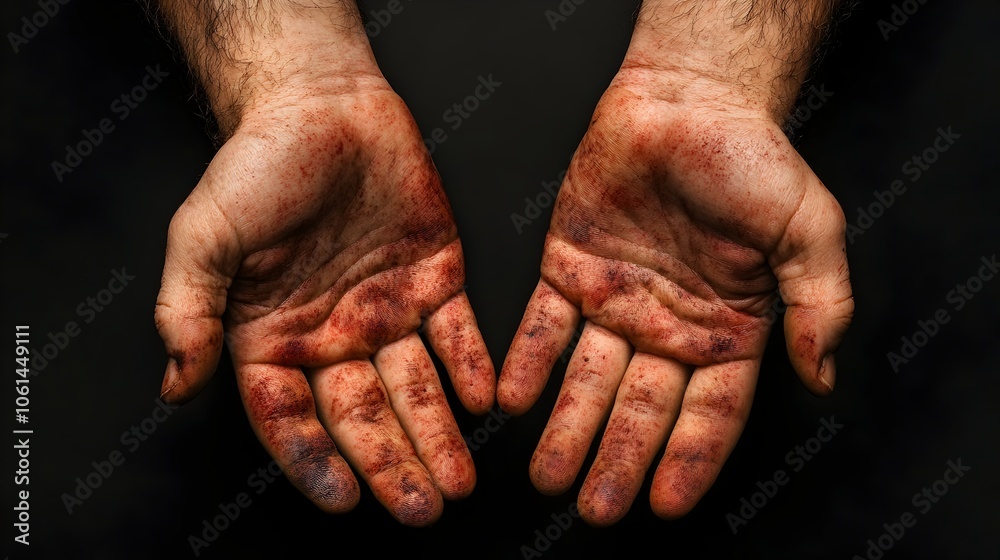 Fototapeta premium Bruised Hands in Rough Arrest Concept Isolated on Black Background