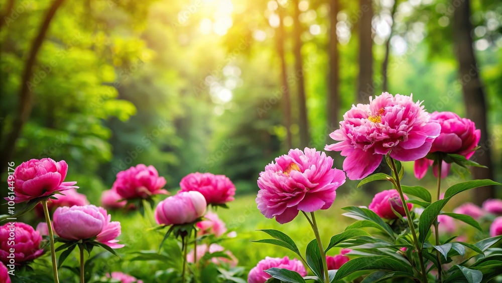 Pink peony flowers in a lush green garden surrounded by tall trees and vibrant foliage, floral arrangement, lush plants, garden Pink peony flowers in a lush green garden surrounded by tall trees and vibrant foliage, floral arrangement, lush plants, garden