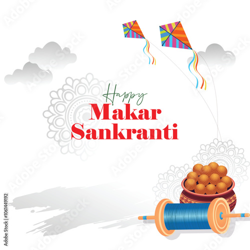 Indian festival Happy Makar Sankranti poster design with kites flying and string spool on cloudy sky. abstract vector illustration design.