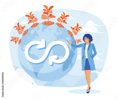 Woman analyzes sustainable economic growth with renewable energy. Green energy is environmentally friendly. Natural resources concept. Flat vector illustration.