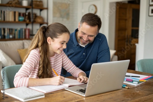 Father child home family homework daughter girl cheerful teenage parent education laptop teen teaching childhood man learning together school computer internet teacher tutor black