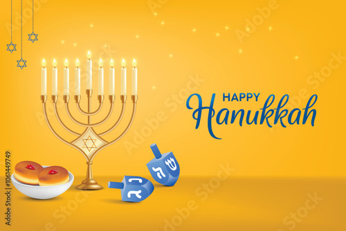 Hanukkah Festvial Celebration Yellow Background With Memorah. Donuts and Spin Dreidel. Hanukkah Shopping Festive Sale, Greetings Theme Concept Design Vector Illustration. photo