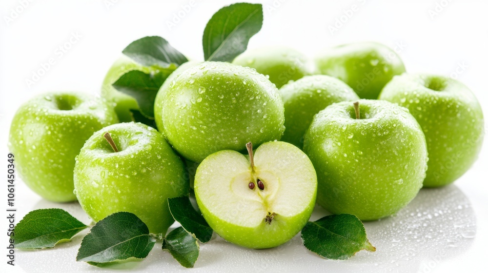 Obraz premium Fresh Green Apples with Water Droplets and Leaves on White Background
