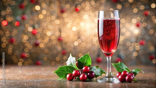 Sparkling cranberry juice cocktail in a champagne flute with festive holly leaves, holiday, drink