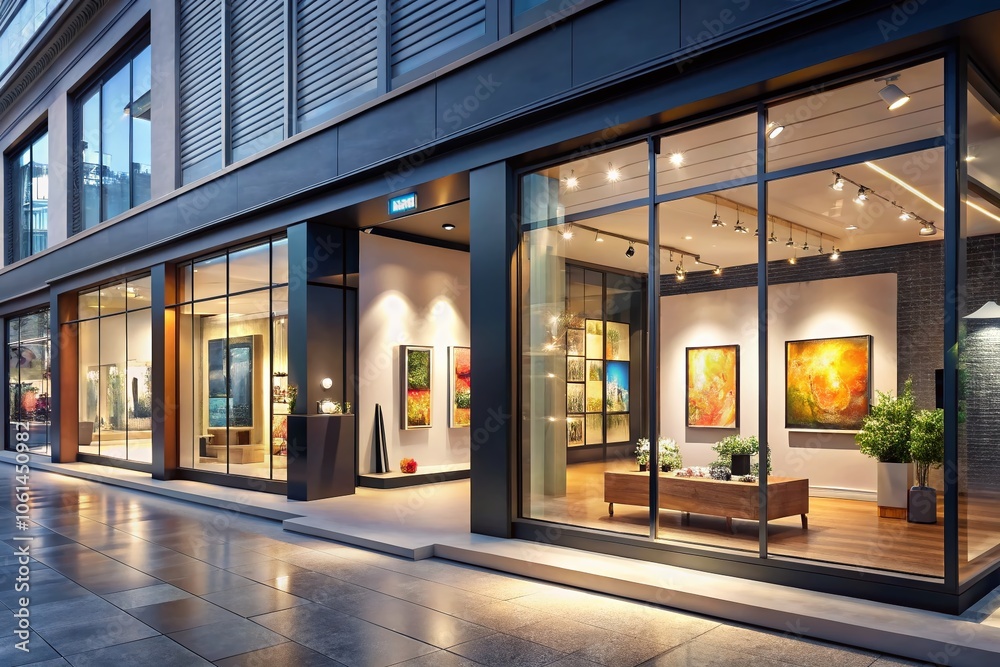 Modern Gallery Storefront with Large Windows Showcasing Interior Art Display, Contemporary Architecture, Urban Shopping Experience, Bright and Inviting Entrance, Creative Space Design Modern Gallery Storefront with Large Windows Showcasing Interior Art Display, Contemporary Architecture, Urban Shopping Experience, Bright and Inviting Entrance, Creative Space Design