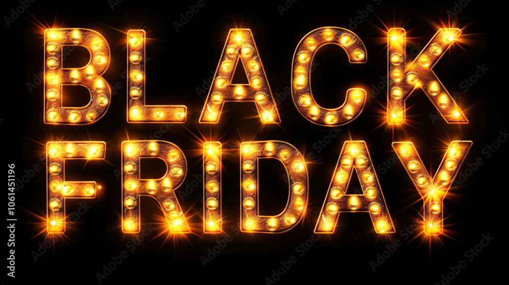 A black friday sign, large letters with glowing lights on dark background. Design concept for sale discount. A black friday sign, large letters with glowing lights on dark background. Design concept for sale discount.