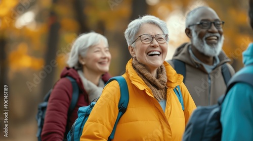 A diverse group of senior friends, including an elderly African American man and woman with gray hair, smiling at the camera while hiking in nature