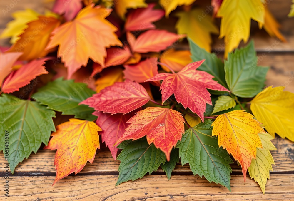 Featuring Autumn leaves on a wooden table Featuring Autumn leaves on a wooden table