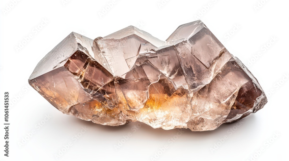 Smoky quartz crystal specimen on white background with natural geometric shapes Smoky quartz crystal specimen on white background with natural geometric shapes