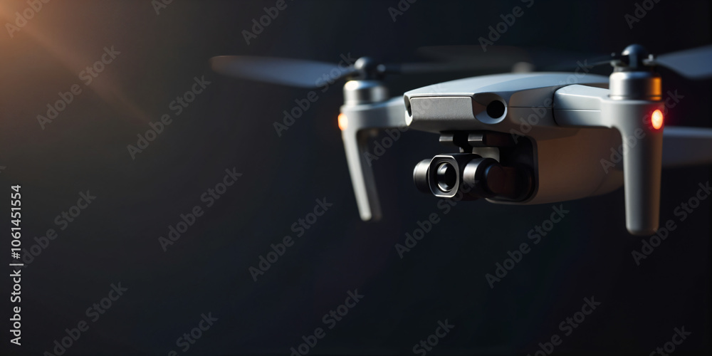 New dark grey drone quadcopter with digital camera and sensors flying isolated on black background New dark grey drone quadcopter with digital camera and sensors flying isolated on black background