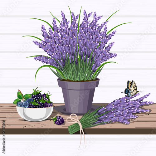 Illustrazione con lavanda e bacche.Vector illustration with lavender bouquet in a pot and berries in a bowl on a wooden tabletop.