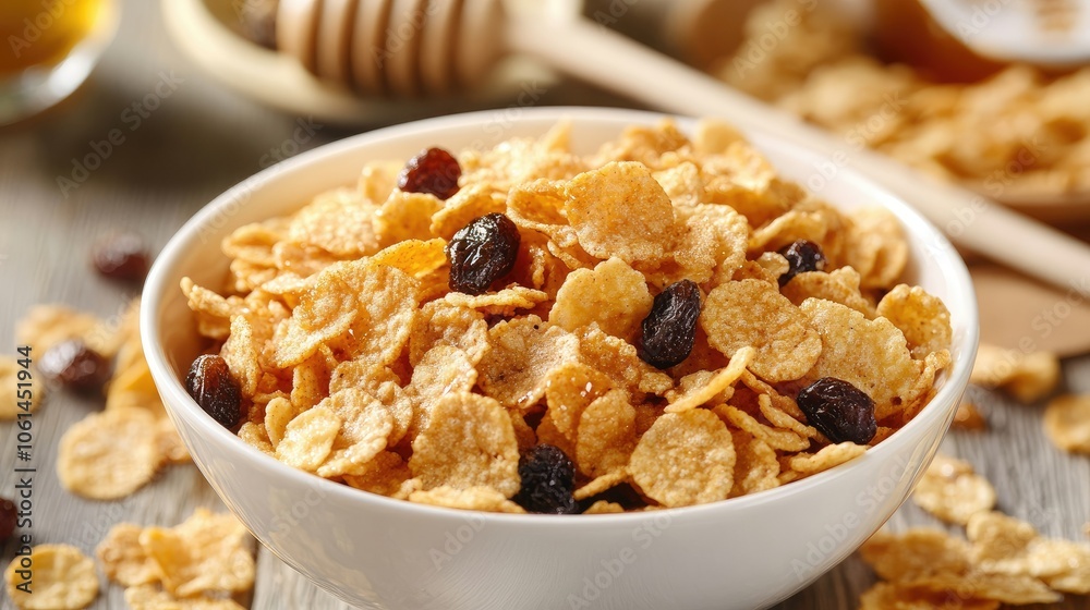 Close-up of a bowl of honey cornflakes with mixed dry fruits, drizzled with honey and surrounded by a healthy breakfast spread Close-up of a bowl of honey cornflakes with mixed dry fruits, drizzled with honey and surrounded by a healthy breakfast spread