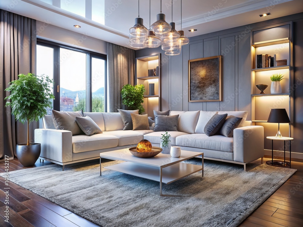 Fototapeta premium Modern Living Room Interior Design with White Sofa, Grey Carpet, Elegant Decor, 3D Rendering, Cozy Atmosphere, Contemporary Style, Home Decoration Ideas, Stylish Furniture, Warm Lighting