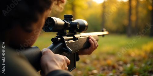 Concept of shooting, hunting close-up. A man shoots from a pneumatic weapon in nature close-up. Air rifle parts and copy space. No.007 photo