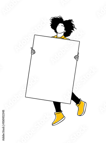 Young business woman holding blank banner, empty placard. Girl presenting goods, service. Advertising and marketing concept. Vector outline drawing for graphic, web design on transparent background