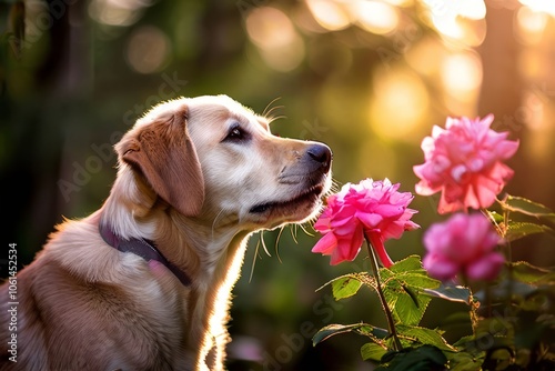 dog sniffing a flowera dog smelling a flower enjoying its sweet photo