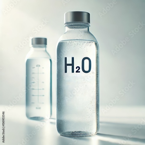 A close-up of a glass bottle of water with the chemical formula H2O printed on the front.