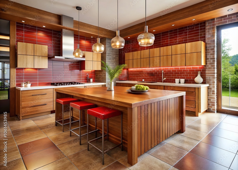 Modern Wooden Kitchen with Red Tile Island and Minimalist Design - High Depth of Field, Contemporary Style, Open Concept, Functional Layout, Stylish Decor, Warm Tones, Creative Space, Modern Wooden Kitchen with Red Tile Island and Minimalist Design - High Depth of Field, Contemporary Style, Open Concept, Functional Layout, Stylish Decor, Warm Tones, Creative Space,