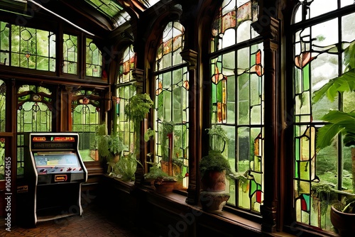 victorian greenery house windows lays classic arcade games photo