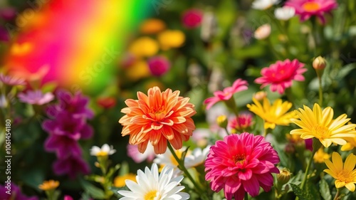 Vibrant flowers in full bloom, bursting with a rainbow of colors and brilliance, vivid, rainbow, brilliance