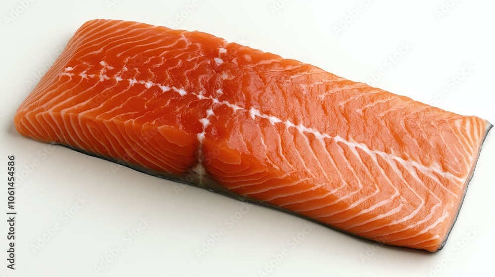 Close-up of raw salmon steak with visible marbling and vibrant orange color, isolated on a white background, showcasing fresh ingredients Close-up of raw salmon steak with visible marbling and vibrant orange color, isolated on a white background, showcasing fresh ingredients