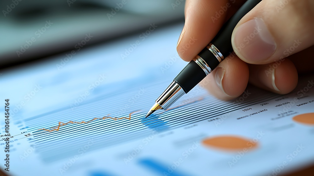 A person holding a pen and looking at financial A person holding a pen and looking at financial