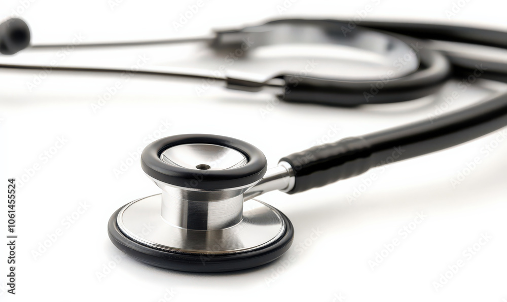 black stethoscope lies on white surface, ready to listen to heartbeat