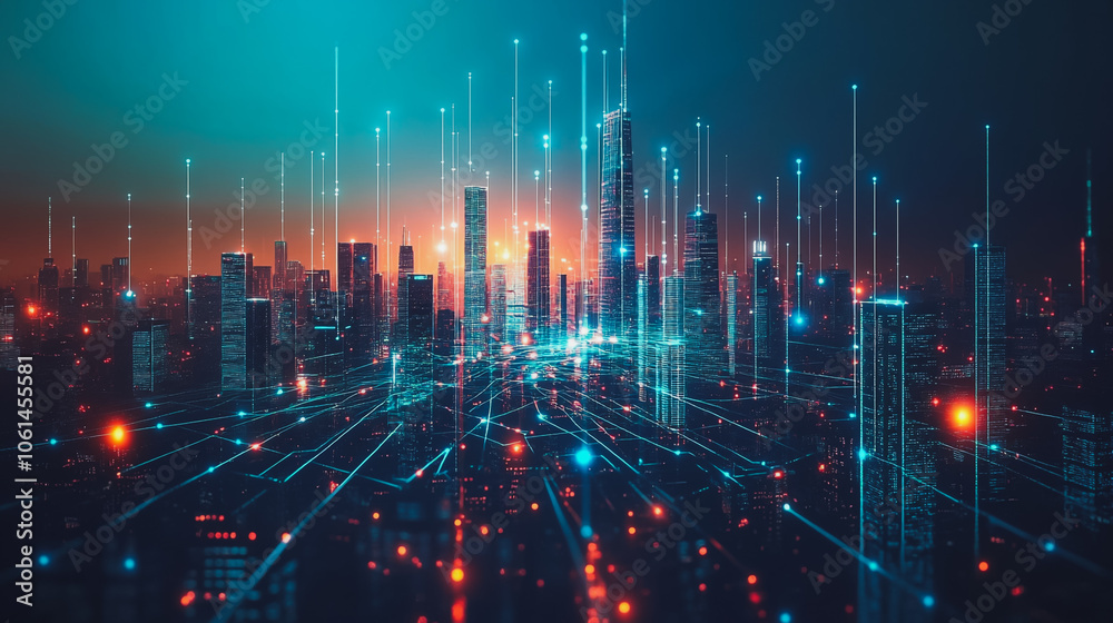 Smart digital city with connection cyber security network reciprocity over the cityscape . future smart wireless digital city and social media networking systems that connects people within the city Smart digital city with connection cyber security network reciprocity over the cityscape . future smart wireless digital city and social media networking systems that connects people within the city