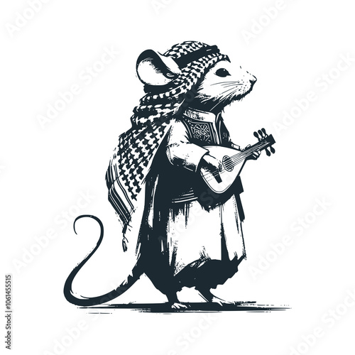 Mouse playing guitar. Black white vector illustration.