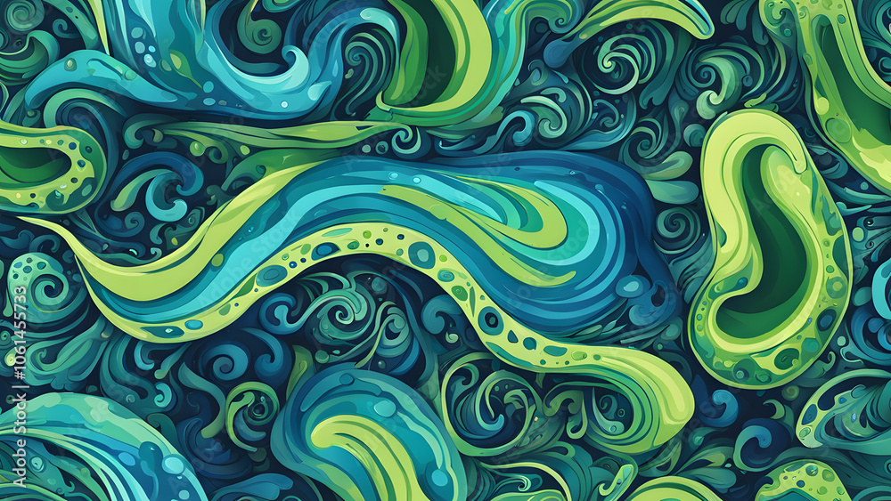 A colorful, abstract painting of a wave with green and blue swirls