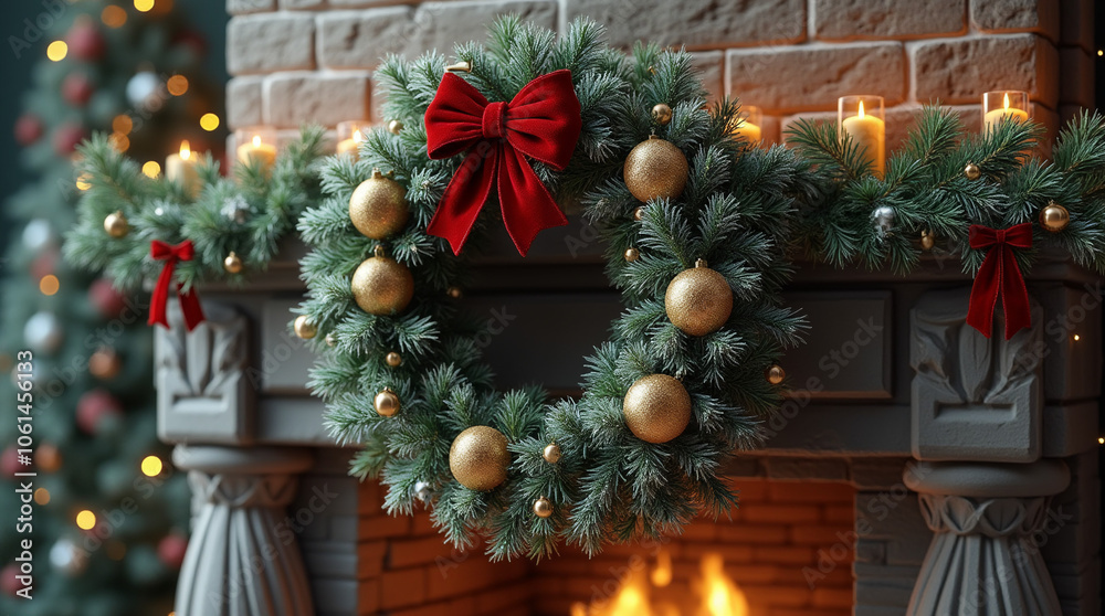 Christmas wreath with red bows and festive decorations hanging on the fireplace Christmas wreath with red bows and festive decorations hanging on the fireplace