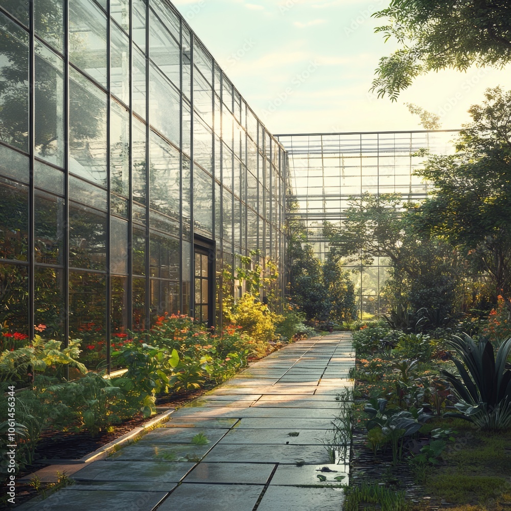 Fototapeta premium Stone Pathway Through Greenhouse with Lush Greenery and Sunlight