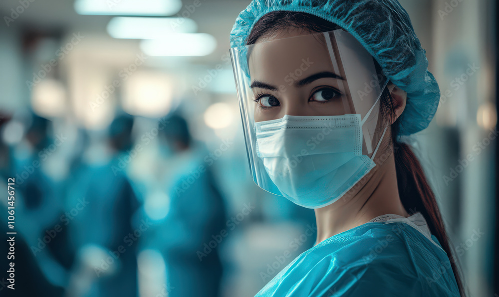 female healthcare worker with determined look, wearing protective gear including face mask, face shield, and surgical cap female healthcare worker with determined look, wearing protective gear including face mask, face shield, and surgical cap