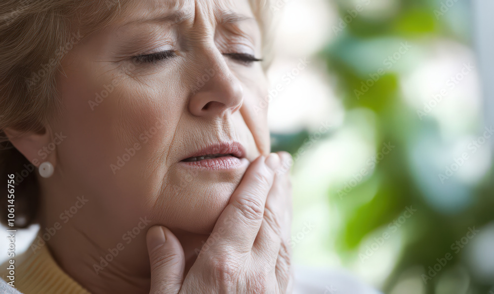 woman with pained expression, holding her face