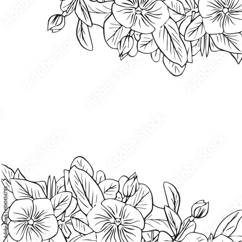 Frame of catharanthus flowers, floral arrangement with leaves as border for design. Periwinkle flower. Vector illustration.