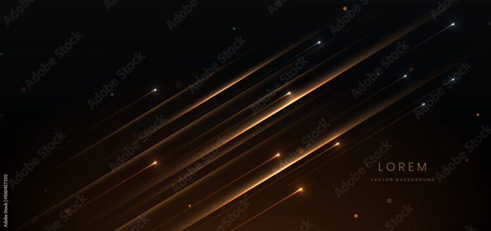 Abstract glowing gold diagonal lighting lines on dark  background with lighting effect and sparkle with copy space for text.