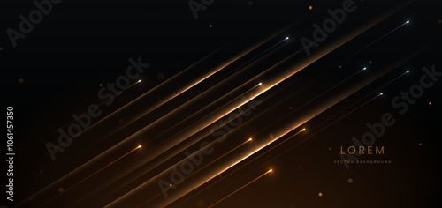 Abstract glowing gold diagonal lighting lines on dark  background with lighting effect and sparkle with copy space for text.
