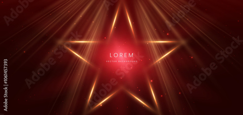 Golden star on dark red background with lighting effect and sparkle.