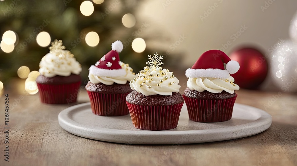 Festive mini cupcakes with Christmas designs, including snowflakes, Santa hats, and gold sprinkles, for a joyful holiday setting Festive mini cupcakes with Christmas designs, including snowflakes, Santa hats, and gold sprinkles, for a joyful holiday setting