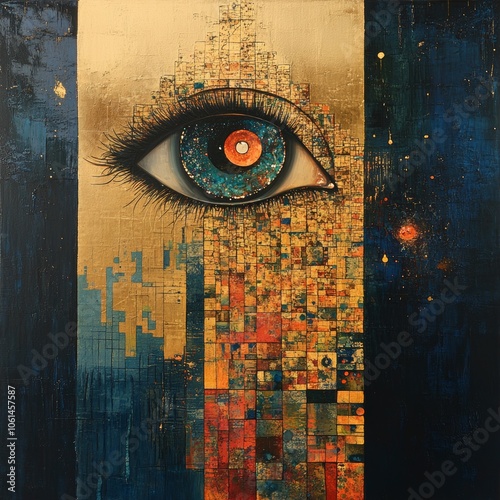 Abstract Eye Painting Gold Blue Red Mosaic Art Canvas Modern Contemporary Artwork