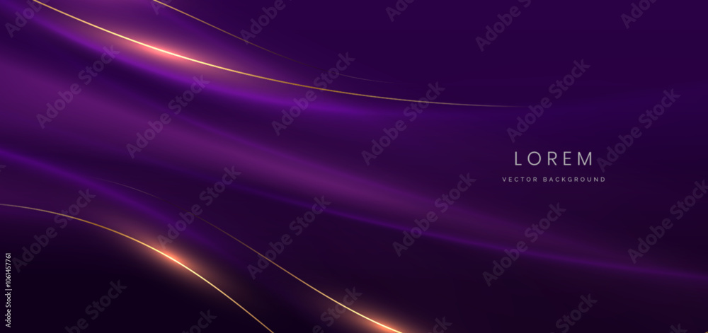 Luxury dark purple background with gold line curved and lighting effect sparkle.
