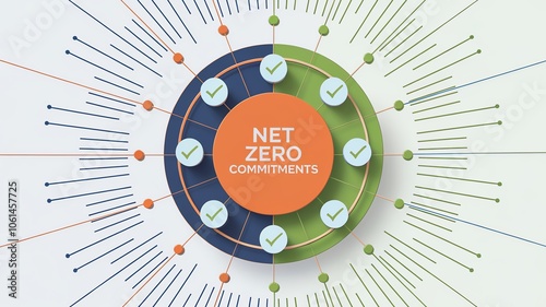 Circular infographic highlighting net zero commitments with a central circle surrounded by checkmarks, symbolizing sustainability. photo