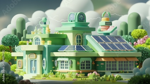 Charming cartoon-style green building with solar panels and lush foliage under a cloudy sky, blending nature and technology seamlessly.