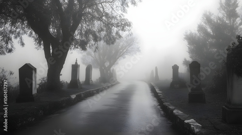 A lonely road flanked by fog-covered tombstones, whispering forgotten stories. photo