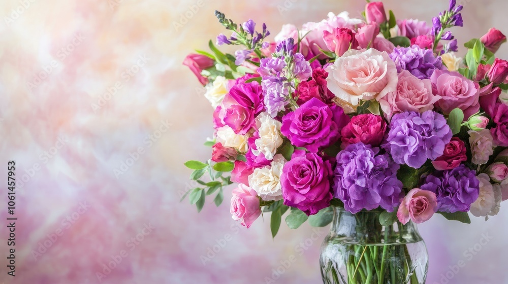 Obraz premium Fresh flowers arranged in a glass vase, with soft light casting shadows, creating a peaceful, natural look on a neutral background