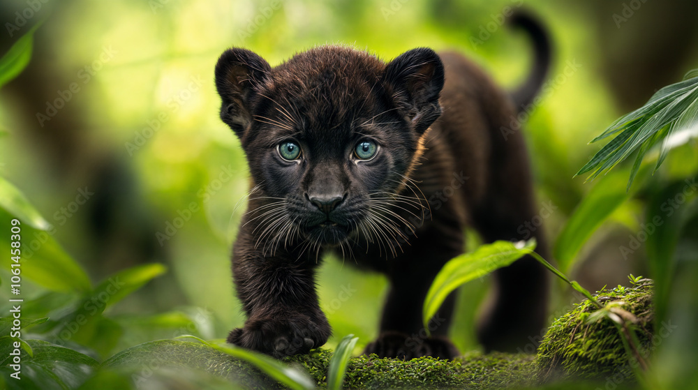 A black panther cub with striking blue eyes, standing on a rock. It's looking directly at the camera. A black panther cub with striking blue eyes, standing on a rock. It's looking directly at the camera.