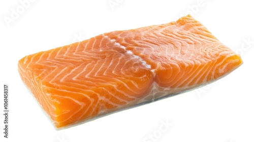 Fresh salmon steak, vibrant orange with detailed marbling, isolated on white, perfect for healthy and quality ingredient visuals